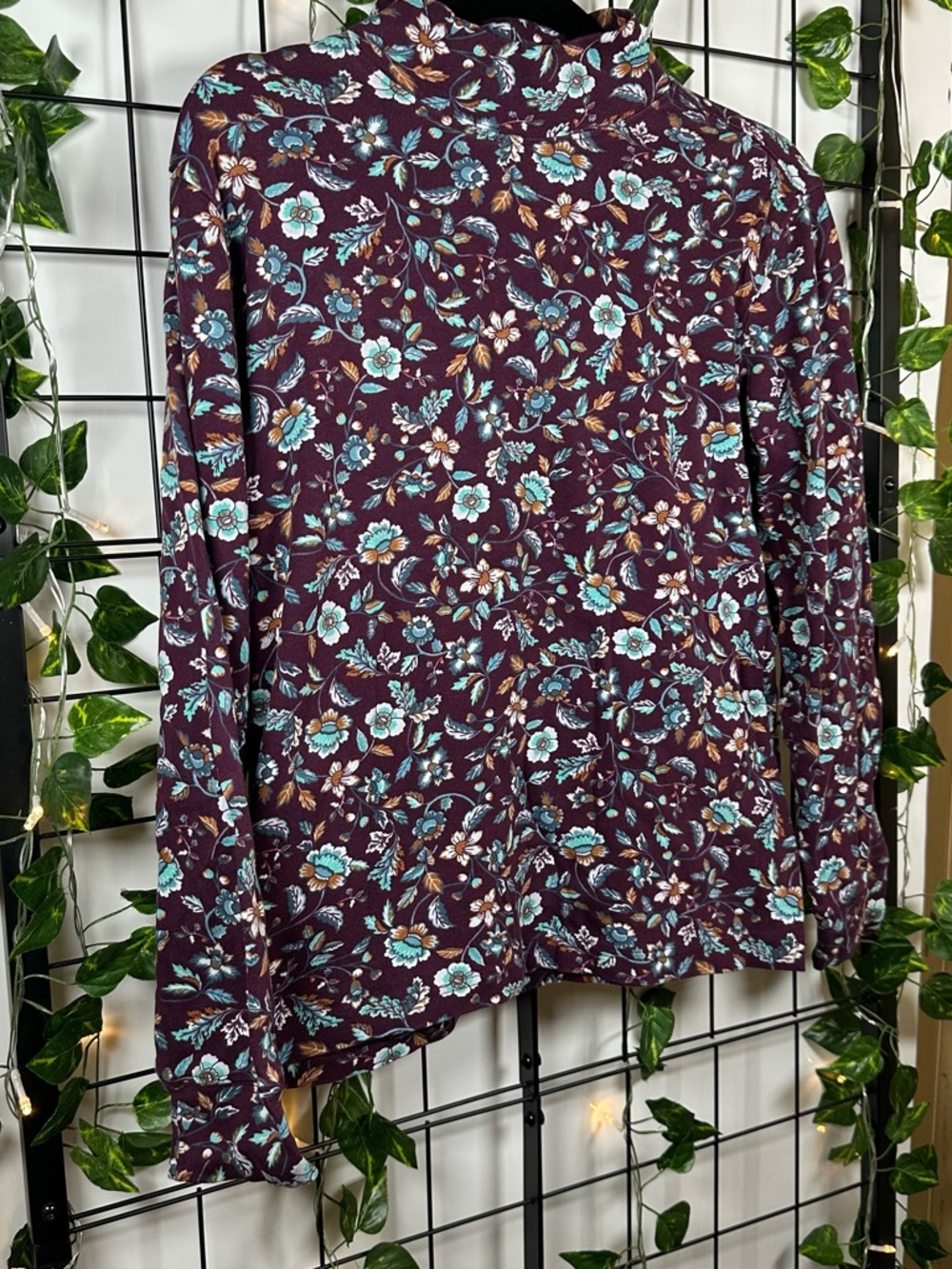 Lands' End Burgundy Floral Print Turtleneck Long Sleeve T-Shirt Women's S (6-8)